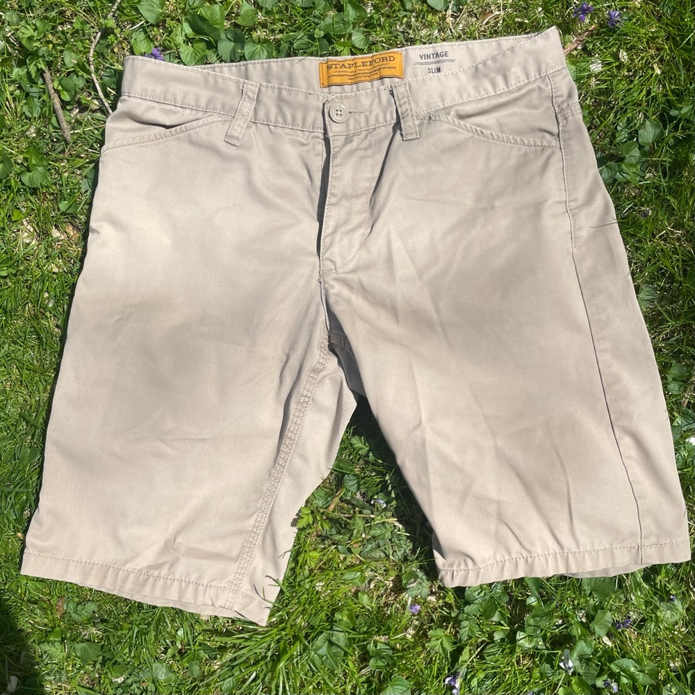 Stapleford Tan Flat Front Shorts Cotton Twill Vintage Size 34